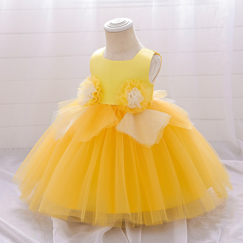 Girls Yellow Round Neck Corsage Balloon Dress