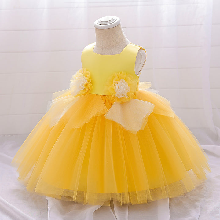 Girls Yellow Round Neck Corsage Balloon Dress