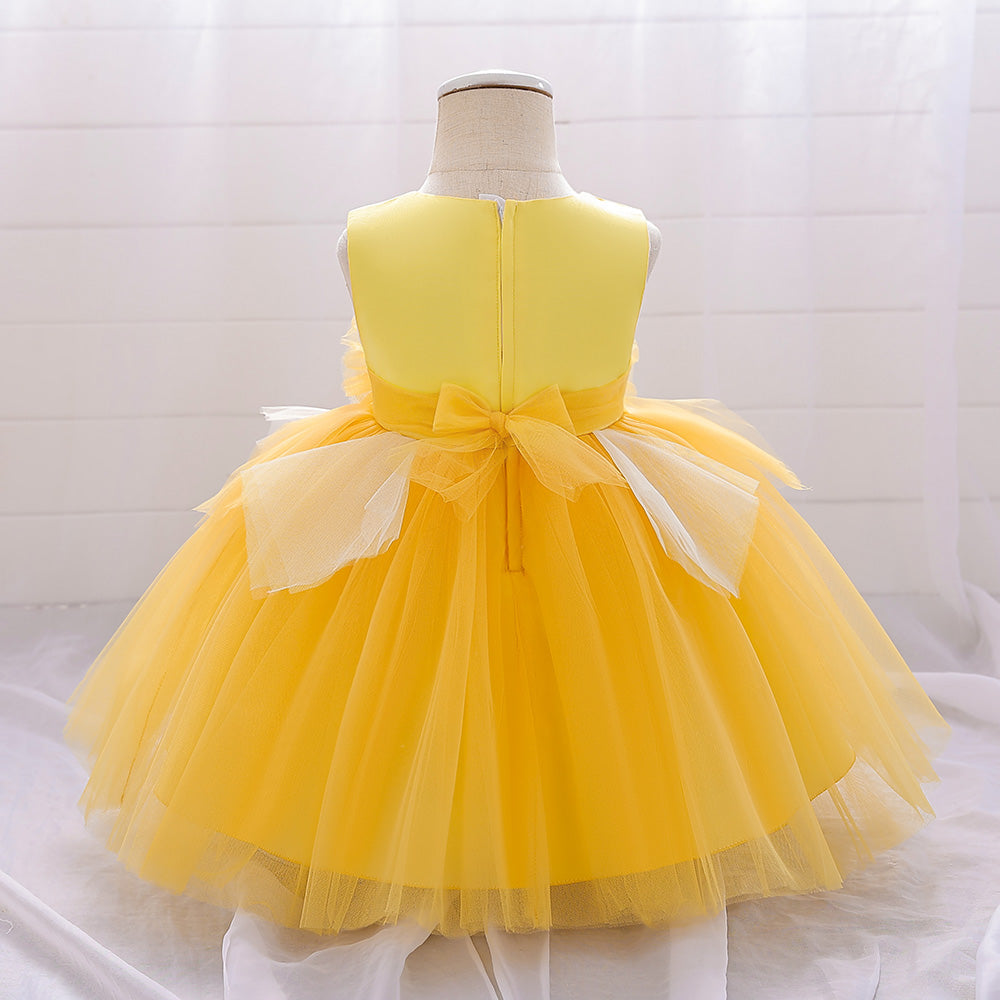 Girls Yellow Round Neck Corsage Balloon Dress