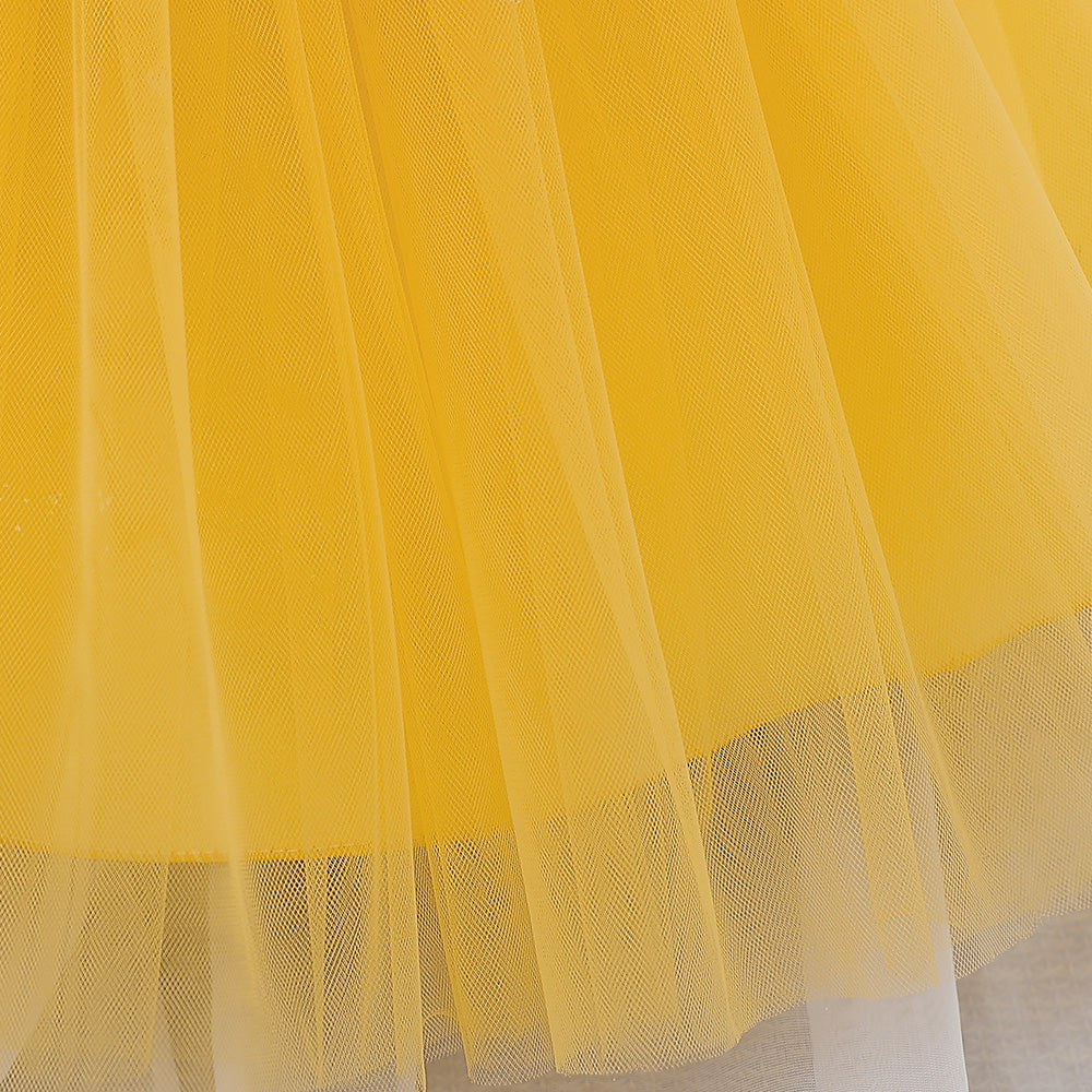 Girls Yellow Round Neck Corsage Balloon Dress