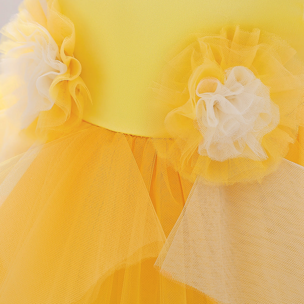 Girls Yellow Round Neck Corsage Balloon Dress