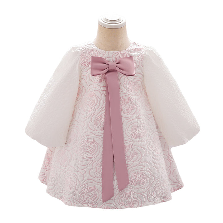 Girls Pink Self Design Flared Sleeve A-Line Maxi Dress