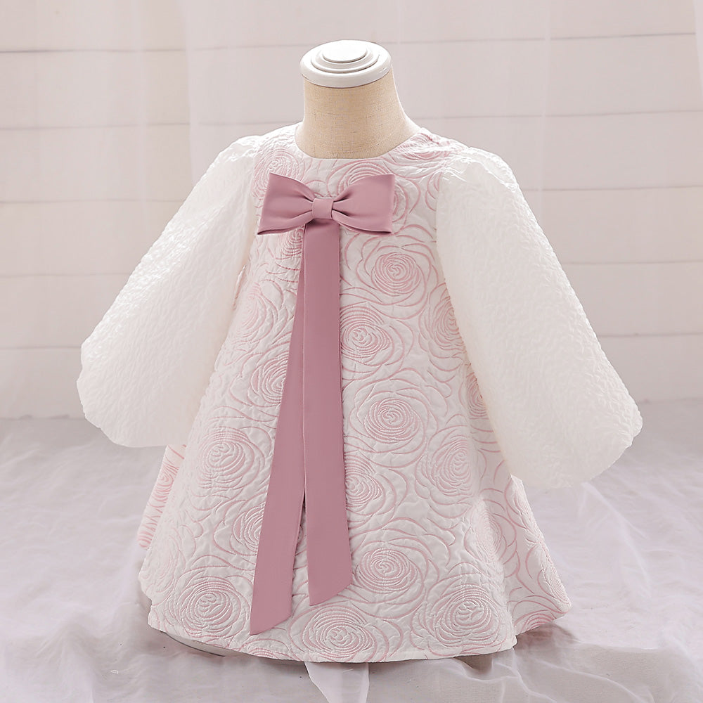 Girls Pink Self Design Flared Sleeve A-Line Maxi Dress