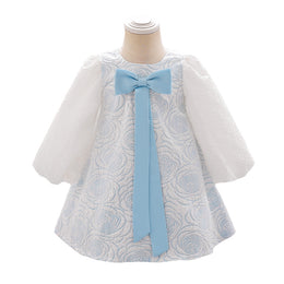 Blue & White Girls Self Design Puff Sleeves Bow Detail A-Line Dress