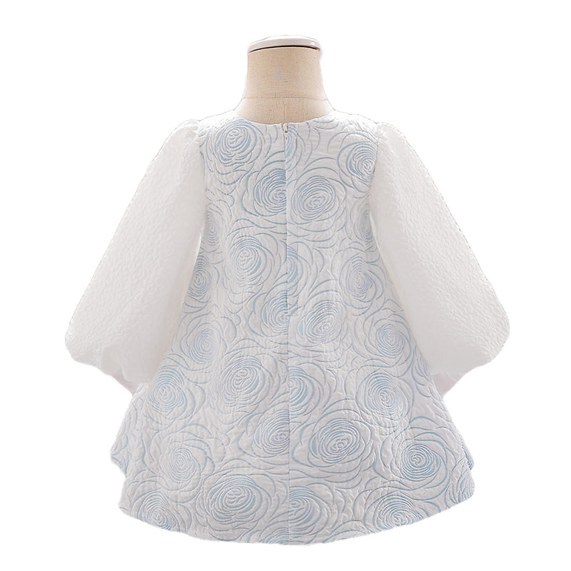 Blue & White Girls Self Design Puff Sleeves Bow Detail A-Line Dress