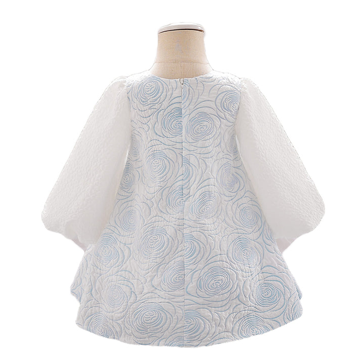 Blue & White Girls Self Design Puff Sleeves Bow Detail A-Line Dress