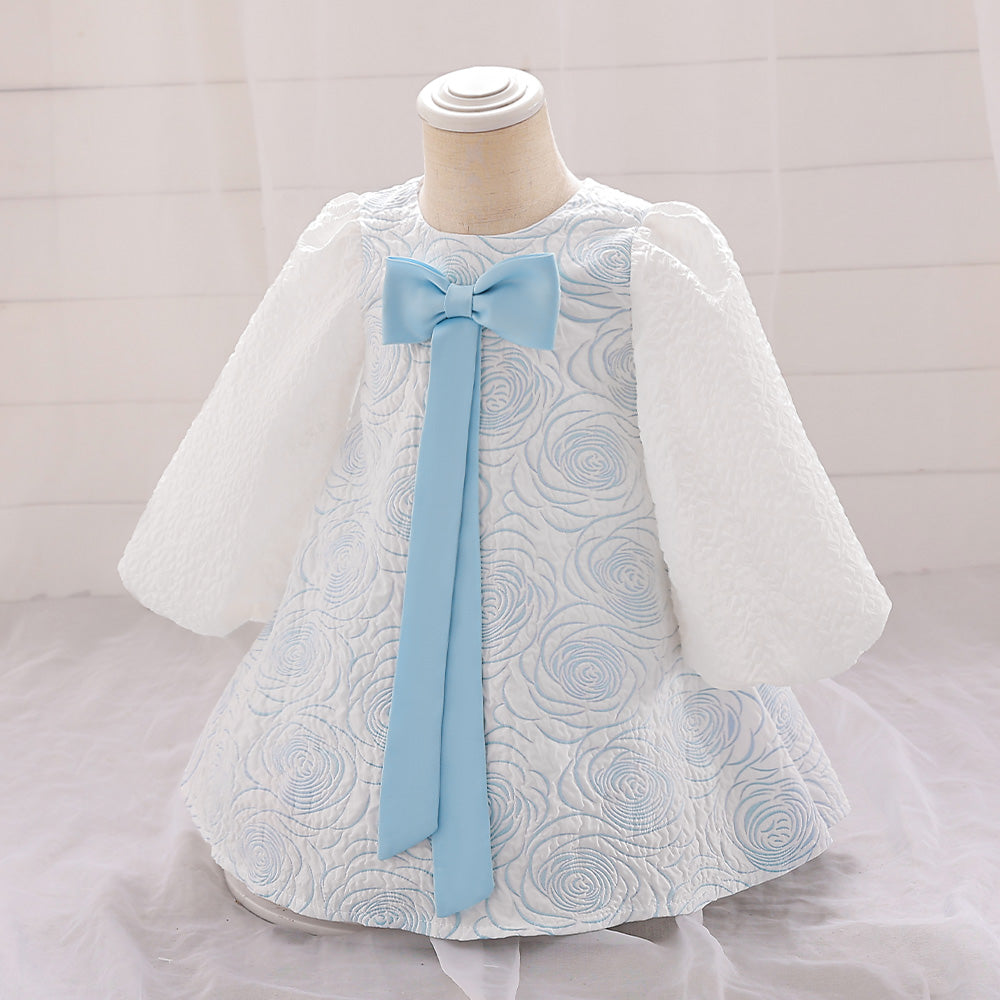 Blue & White Girls Self Design Puff Sleeves Bow Detail A-Line Dress