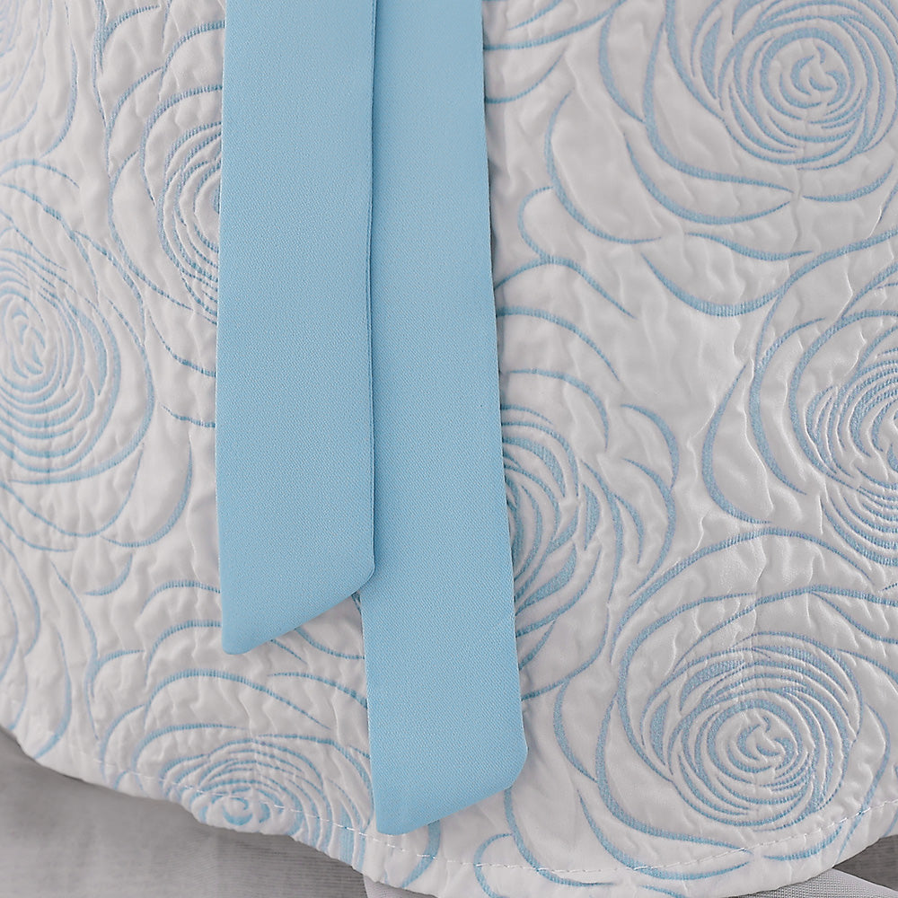 Blue & White Girls Self Design Puff Sleeves Bow Detail A-Line Dress