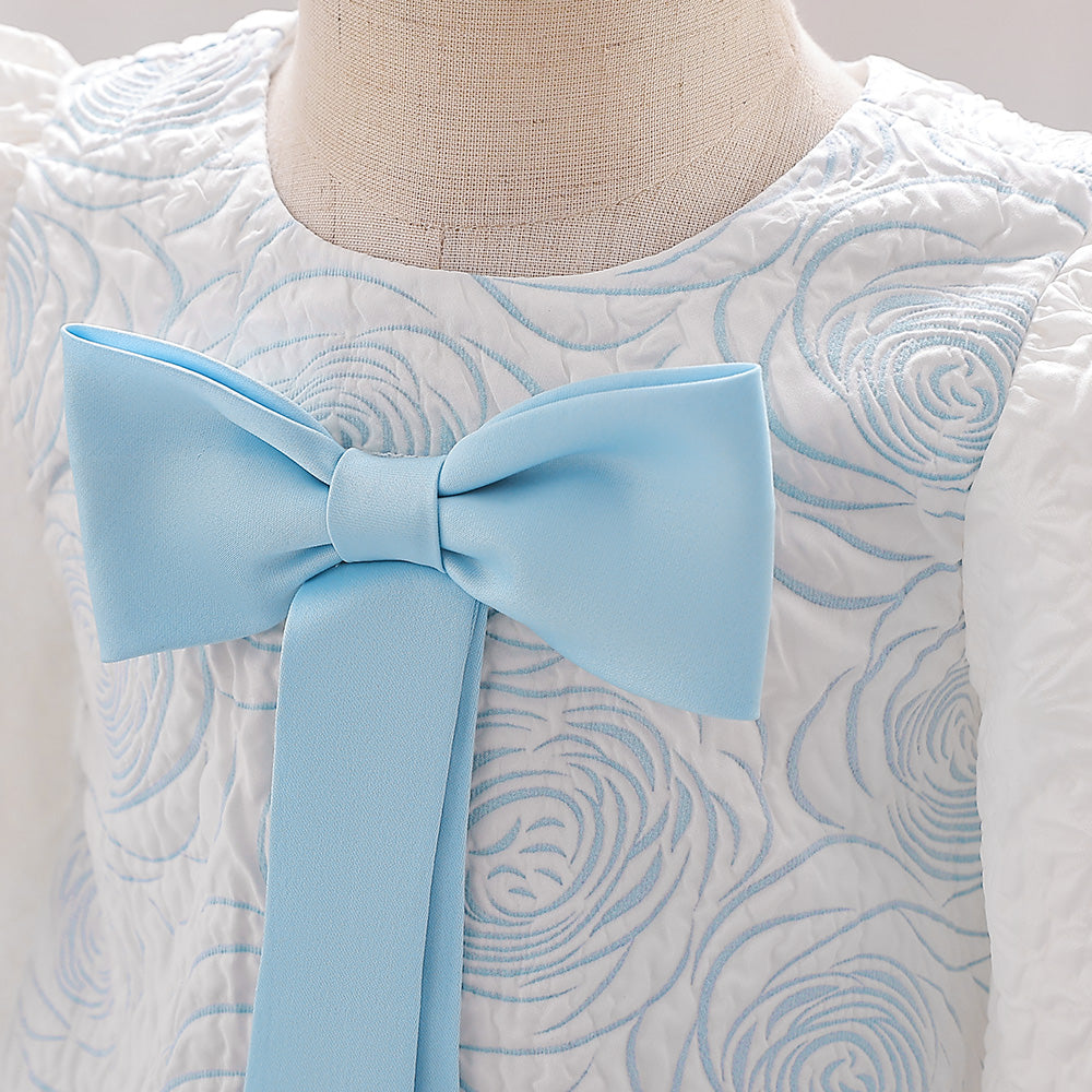 Blue & White Girls Self Design Puff Sleeves Bow Detail A-Line Dress