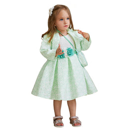 Girls Green Self Design Applique Fit & Flare Dress With Shrug