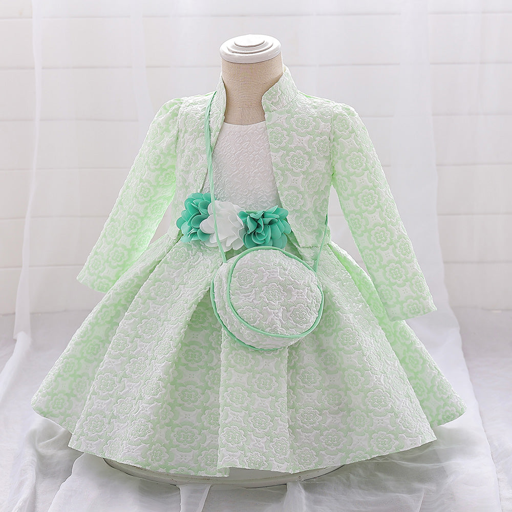 Girls Green Self Design Applique Fit & Flare Dress With Shrug