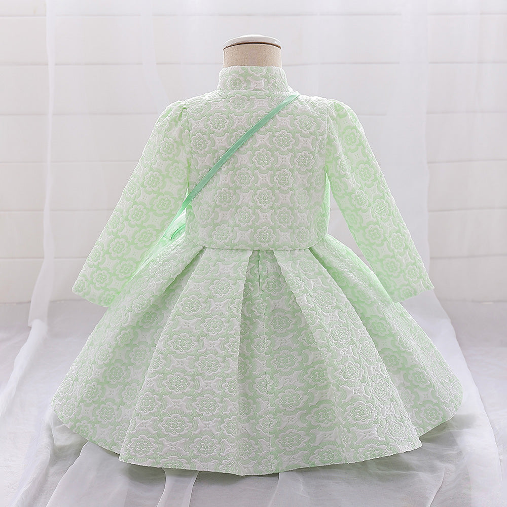 Girls Green Self Design Applique Fit & Flare Dress With Shrug