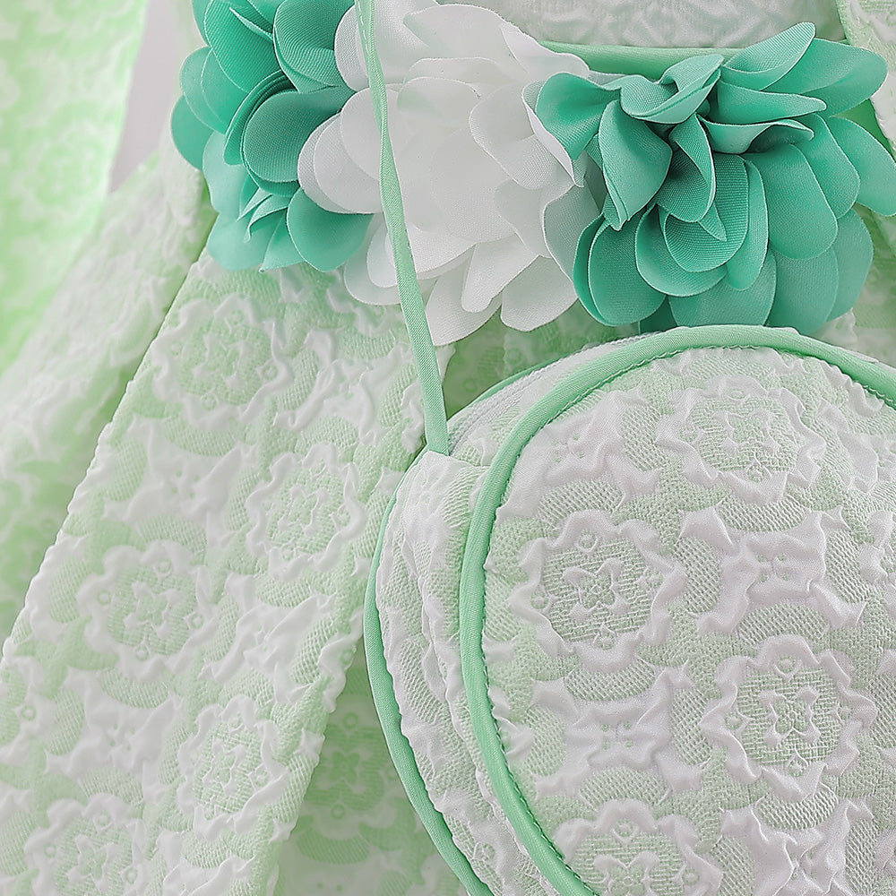 Girls Green Self Design Applique Fit & Flare Dress With Shrug