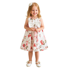 Girls White & Pink Floral Printed Bow A-Line Dress