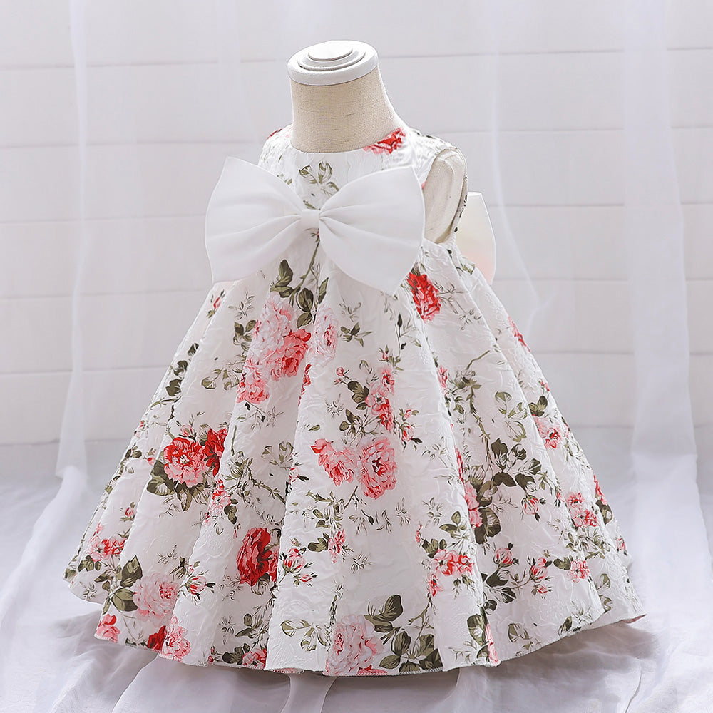 Girls White & Pink Floral Printed Bow A-Line Dress