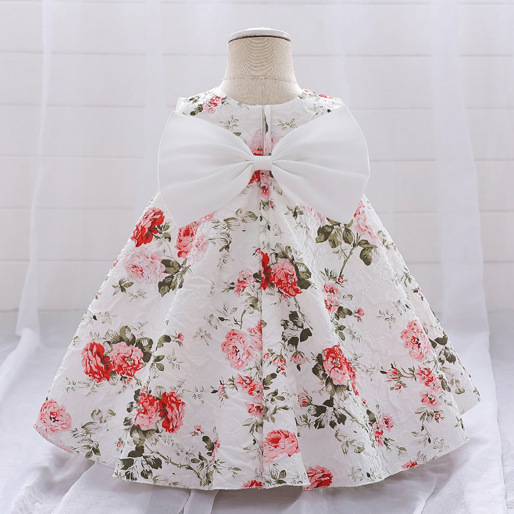 Girls White & Pink Floral Printed Bow A-Line Dress