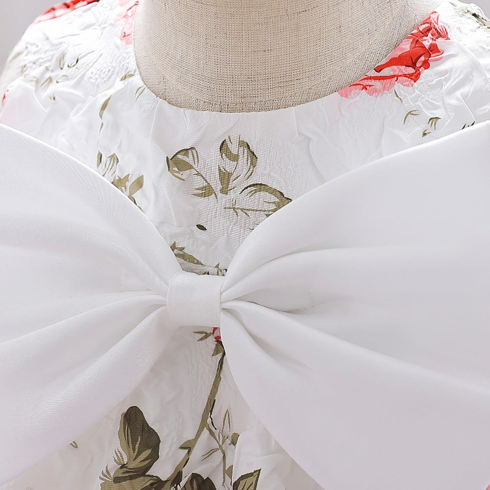 Girls White & Pink Floral Printed Bow A-Line Dress