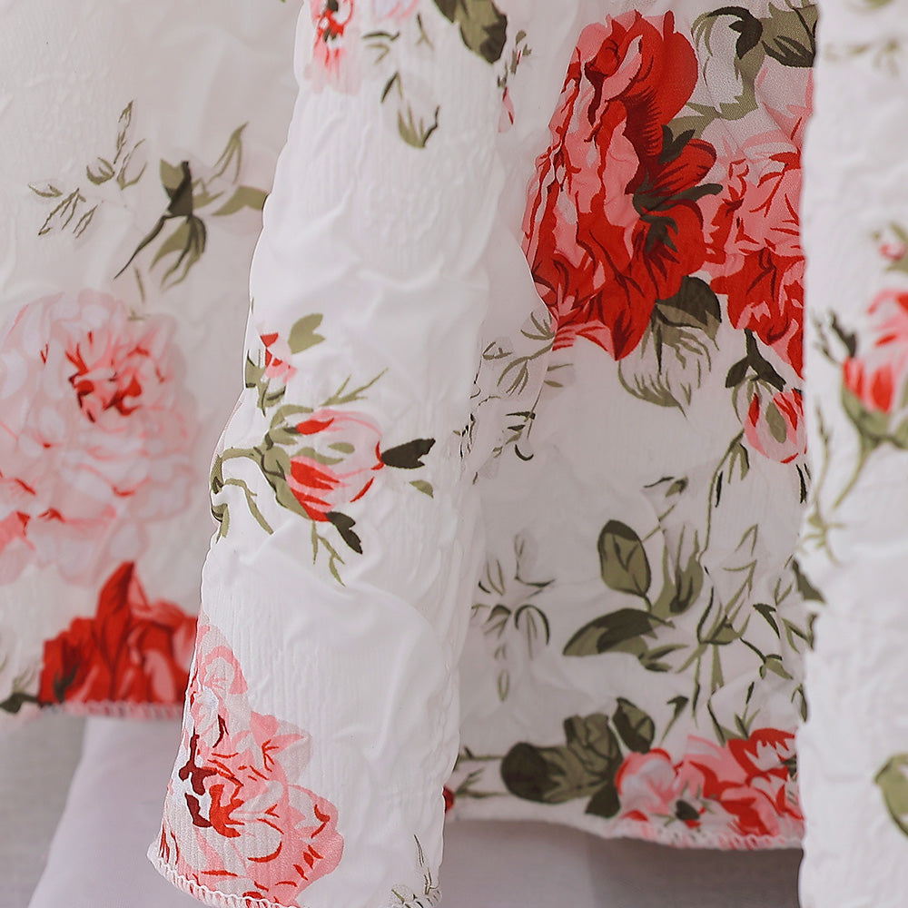 Girls White & Pink Floral Printed Bow A-Line Dress