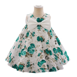 Girls Green & White Floral Print Bow Detail A-Line Dress