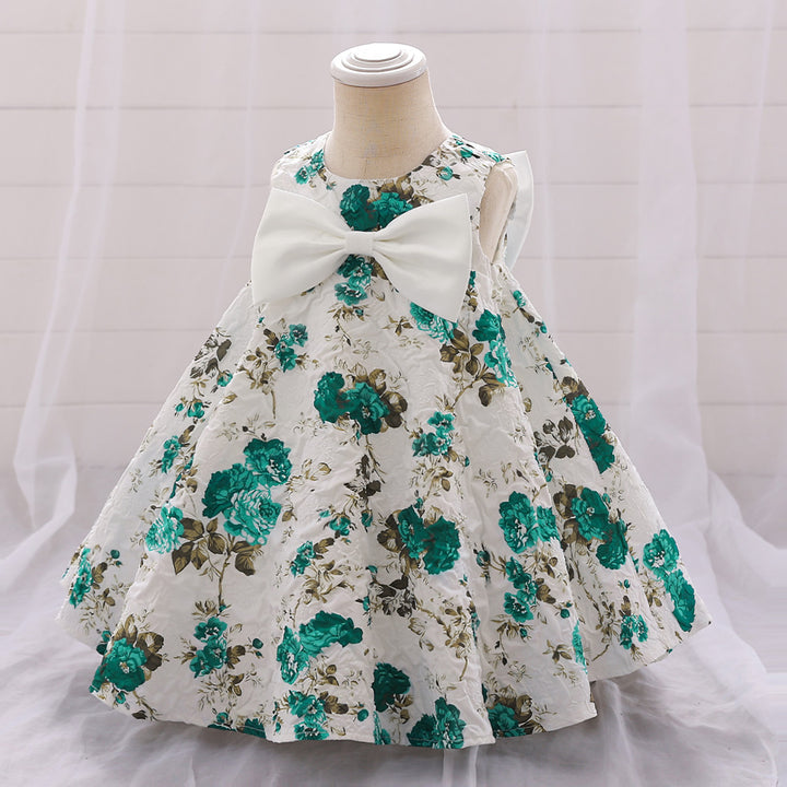 Girls Green & White Floral Print Bow Detail A-Line Dress