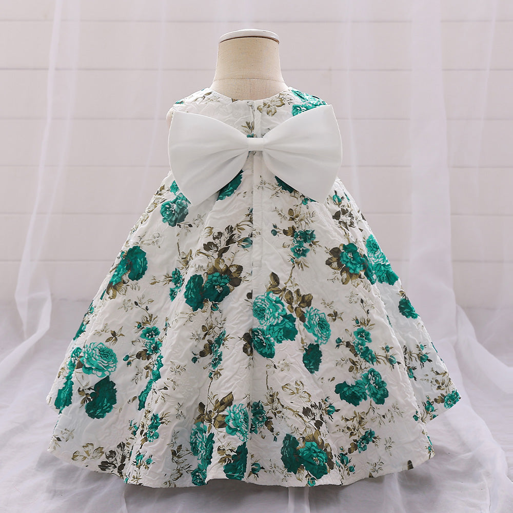 Girls Green & White Floral Print Bow Detail A-Line Dress