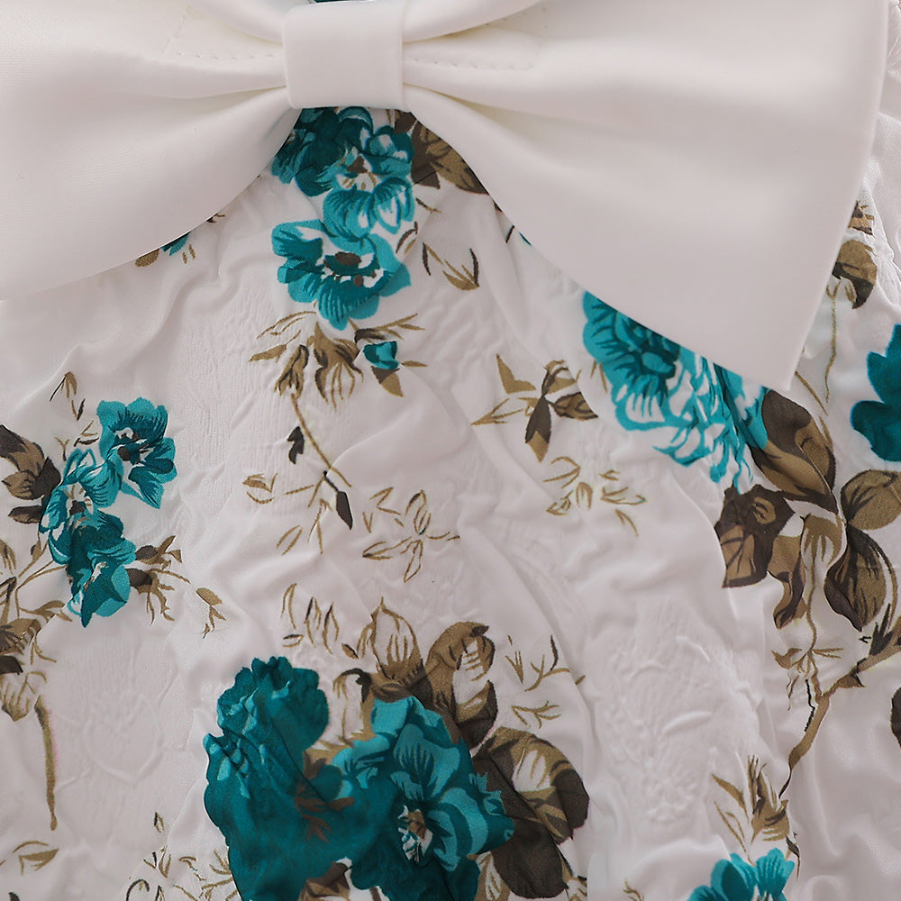 Girls Green & White Floral Print Bow Detail A-Line Dress