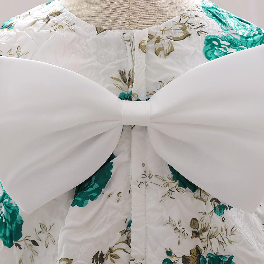 Girls Green & White Floral Print Bow Detail A-Line Dress