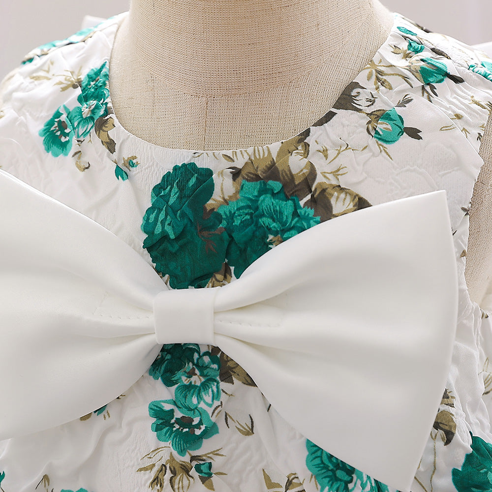 Girls Green & White Floral Print Bow Detail A-Line Dress