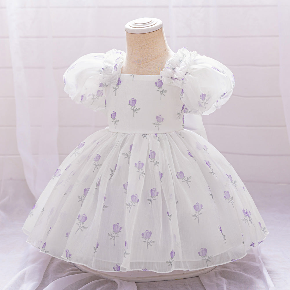 Floral Printed Square Neck Puff Sleeve Balloon Dress