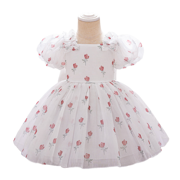 Girls Floral Print Puff Sleeves Fit & Flare Dress