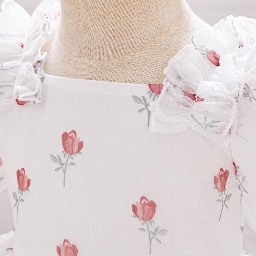 Girls Floral Print Puff Sleeves Fit & Flare Dress