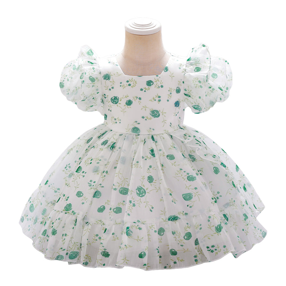 Girls Floral Printed Puff Sleeves Gathered Detail Fit & Flare Dress