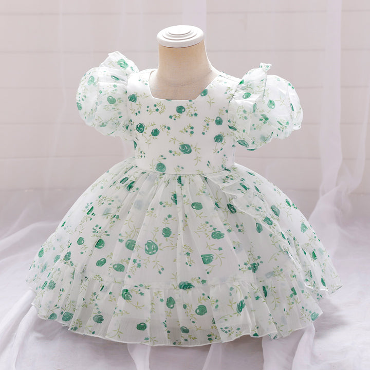 Girls Floral Printed Puff Sleeves Gathered Detail Fit & Flare Dress