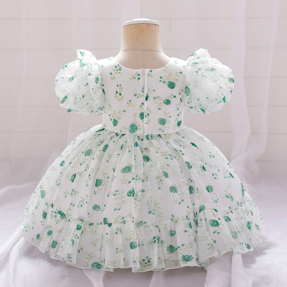 Girls Floral Printed Puff Sleeves Gathered Detail Fit & Flare Dress