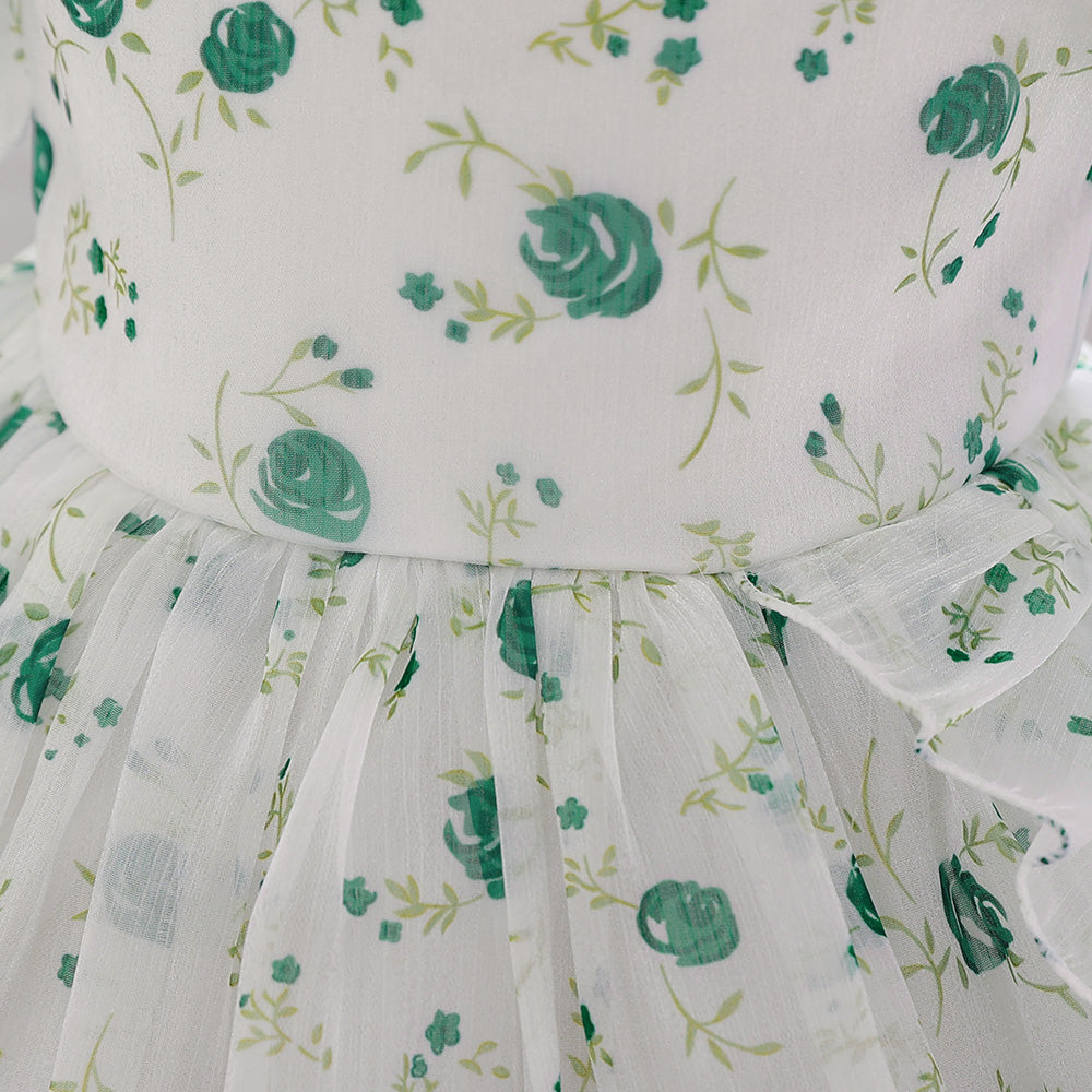 Girls Floral Printed Puff Sleeves Gathered Detail Fit & Flare Dress