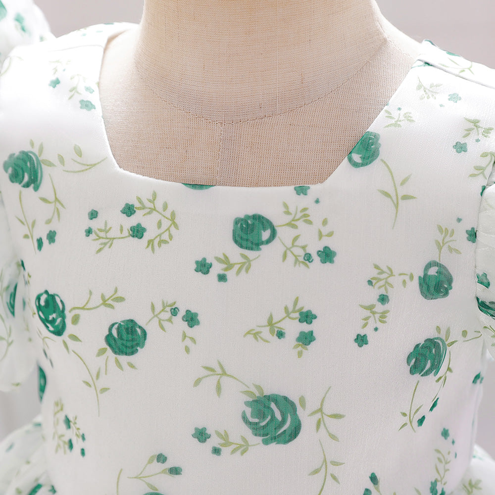Girls Floral Printed Puff Sleeves Gathered Detail Fit & Flare Dress