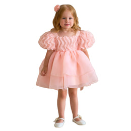 Girls Pink Puff Sleeve Layered Fit & Flare Dress