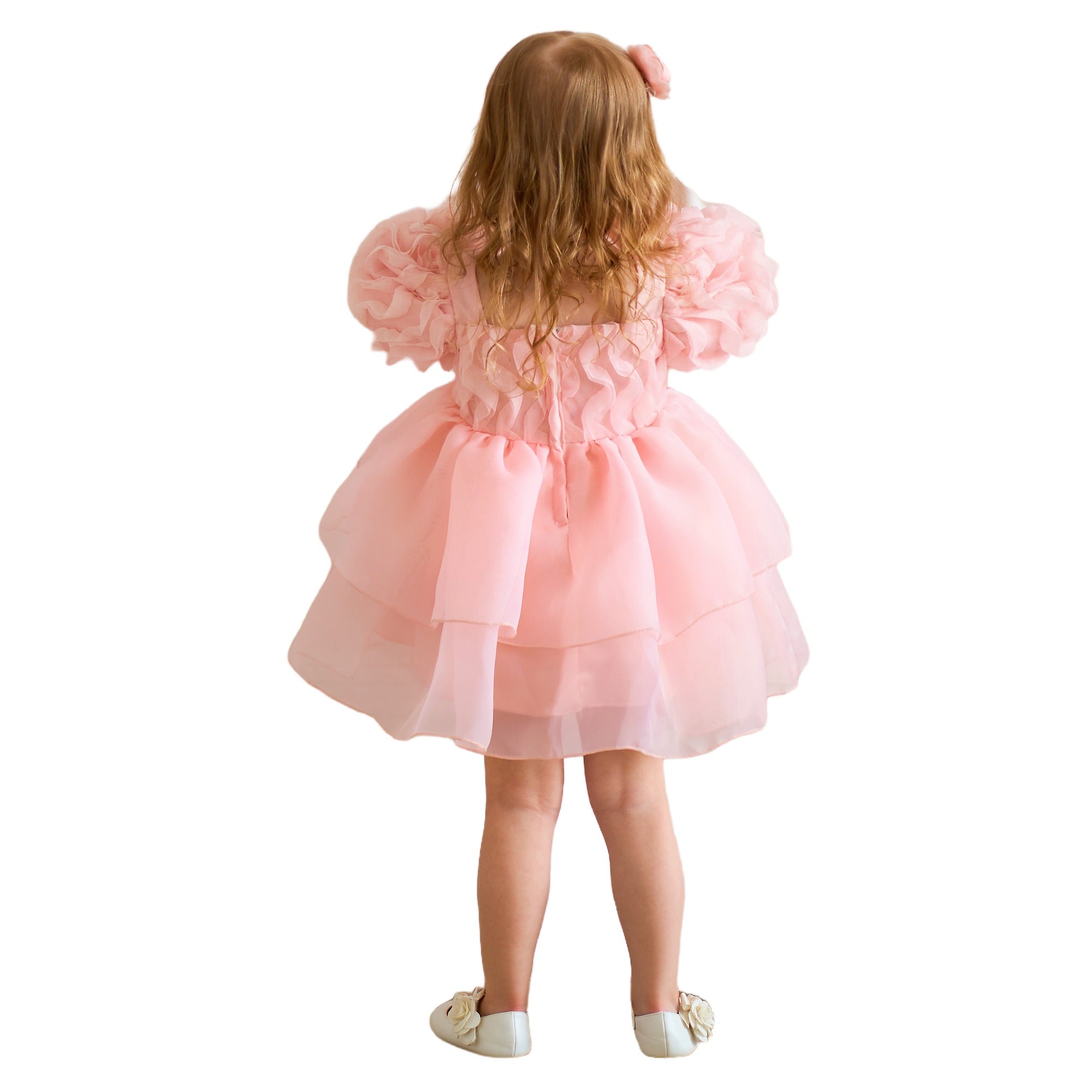 Girls Pink Puff Sleeve Layered Fit & Flare Dress