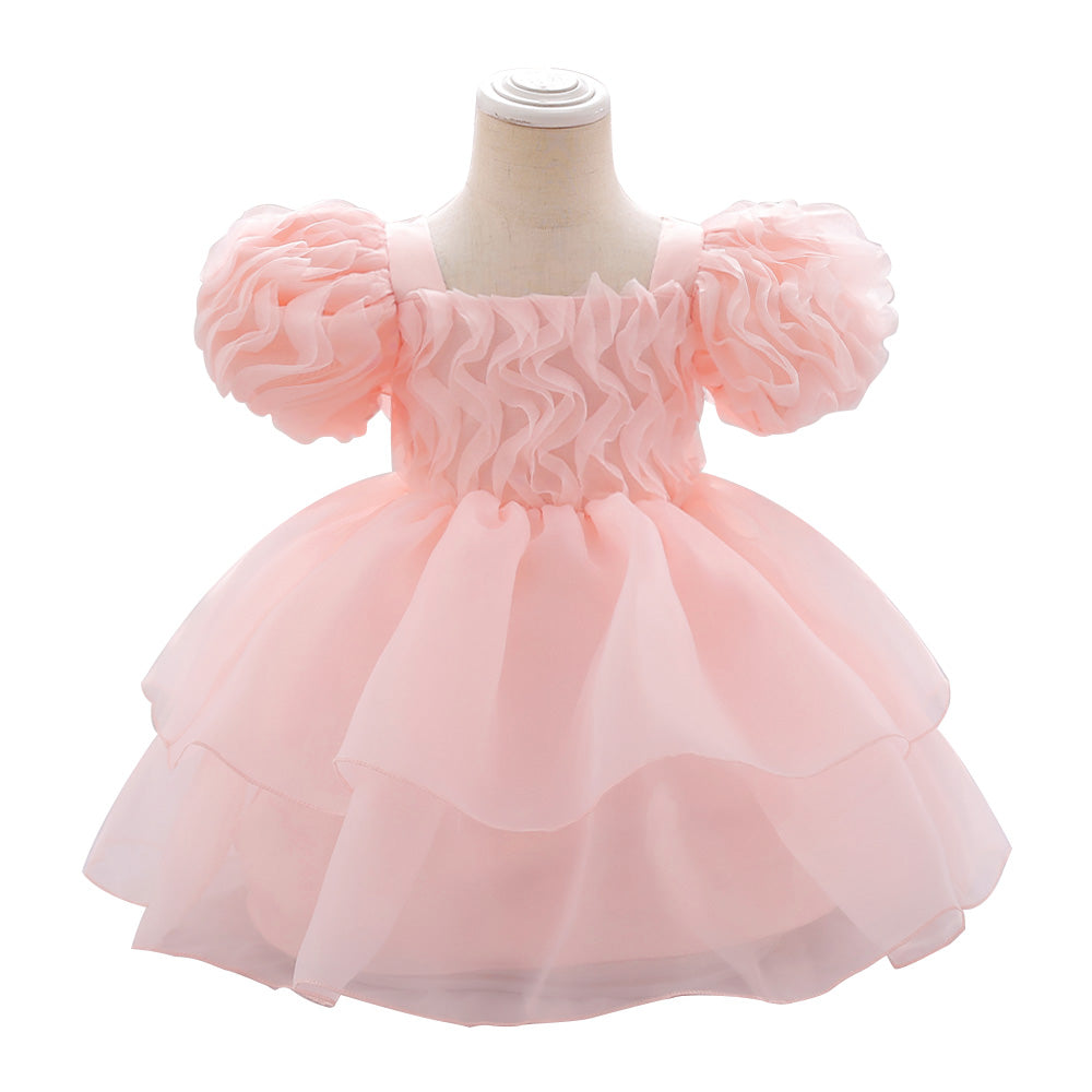 Girls Pink Puff Sleeve Layered Fit & Flare Dress