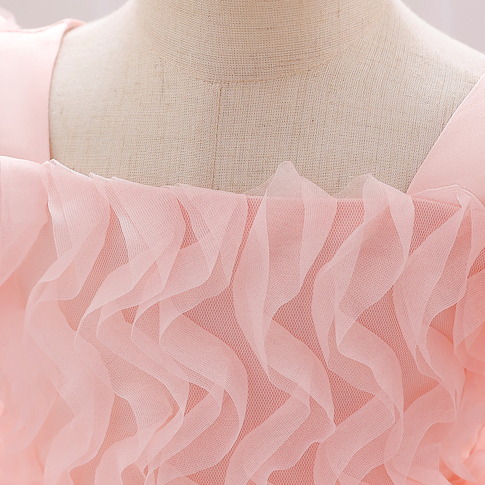Girls Pink Puff Sleeve Layered Fit & Flare Dress