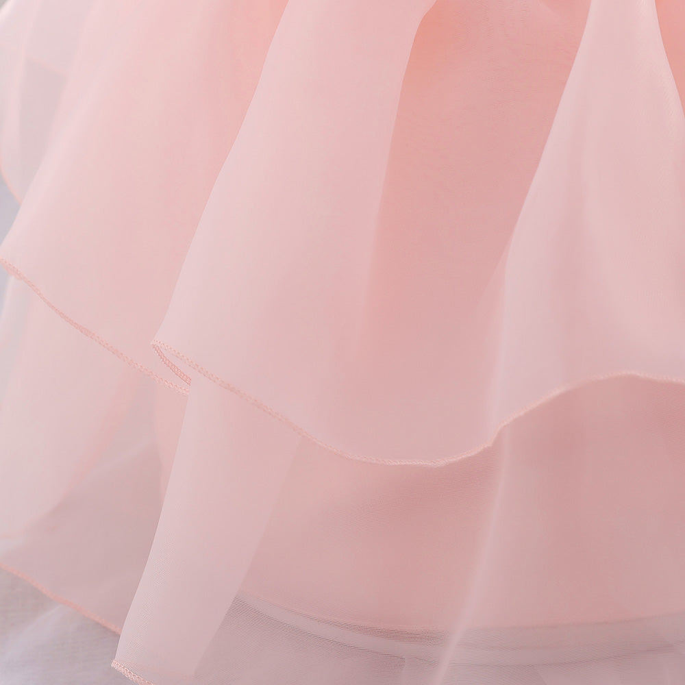 Girls Pink Puff Sleeve Layered Fit & Flare Dress