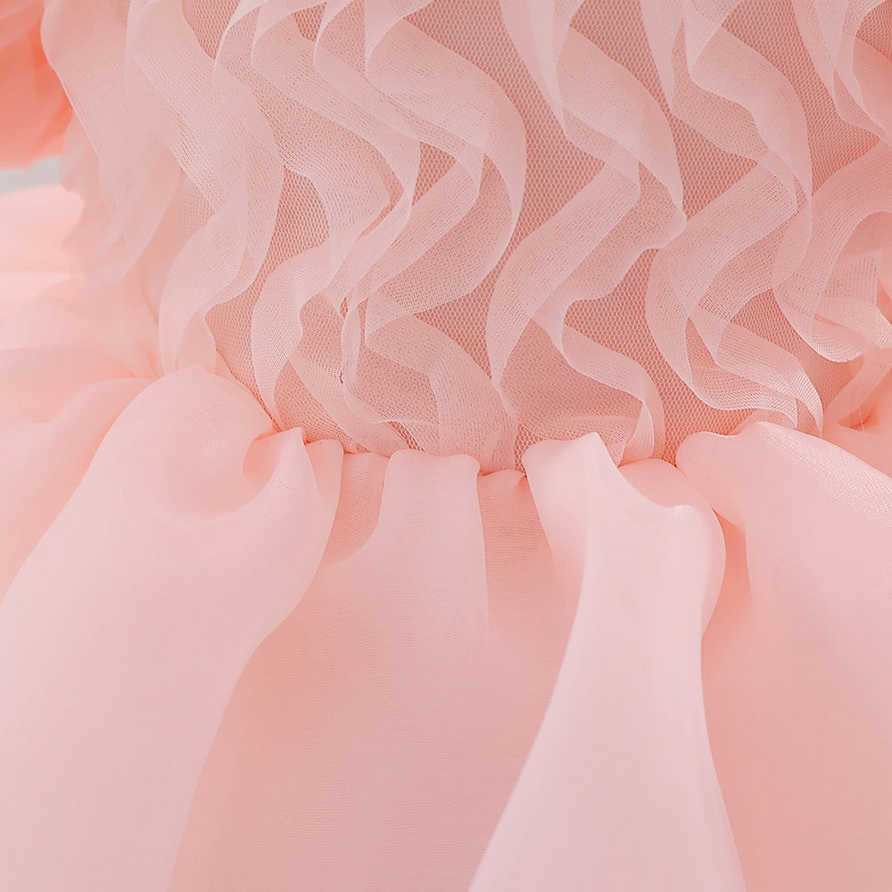 Girls Pink Puff Sleeve Layered Fit & Flare Dress
