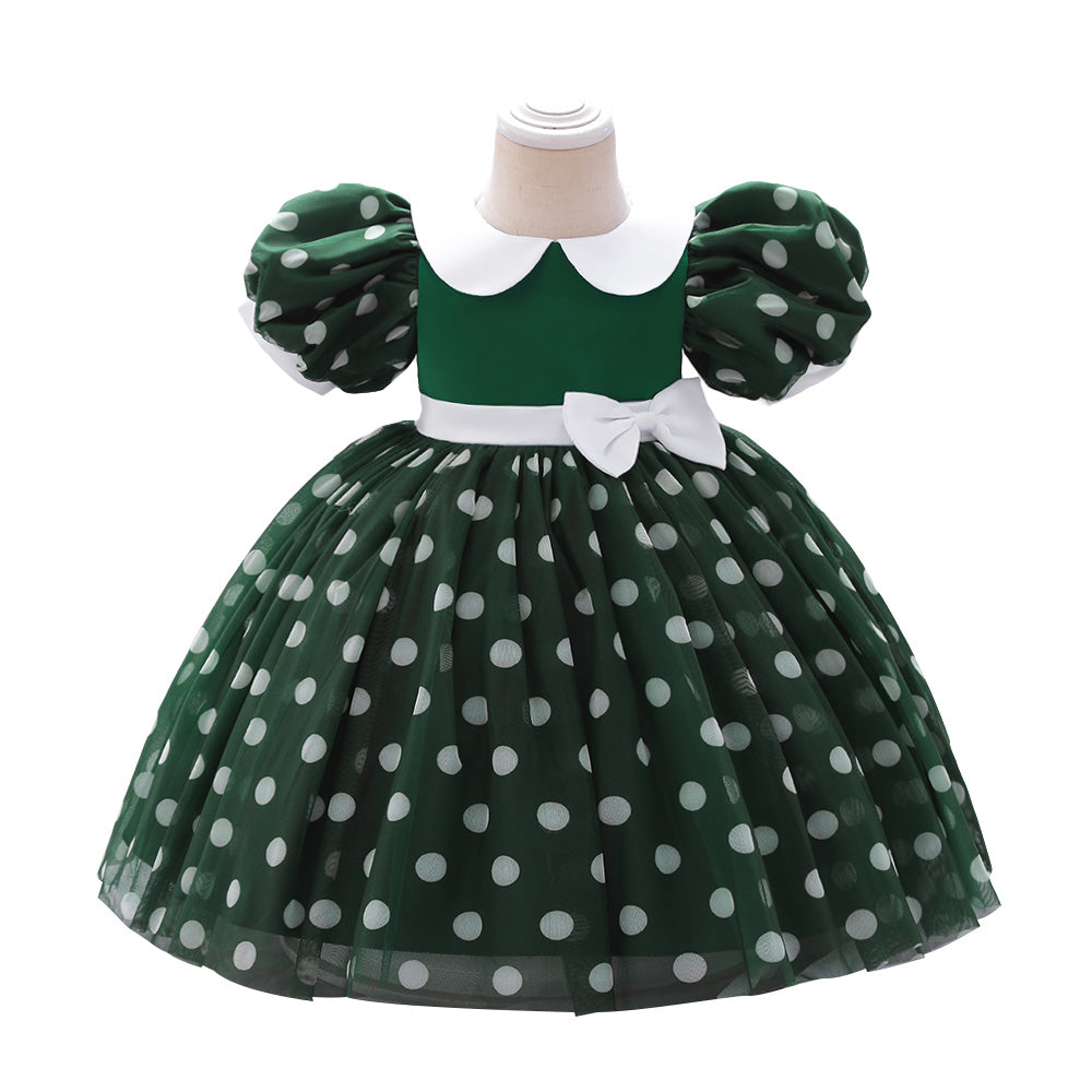 Green Girls Polka Dot Printed Peter Pan Collar Puff Sleeves Balloon Mini Dress
