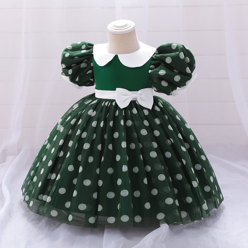 Green Girls Polka Dot Printed Peter Pan Collar Puff Sleeves Balloon Mini Dress