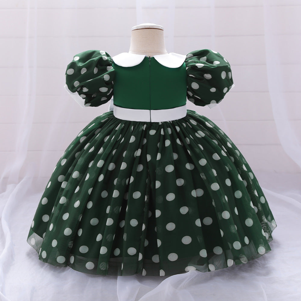 Green Girls Polka Dot Printed Peter Pan Collar Puff Sleeves Balloon Mini Dress