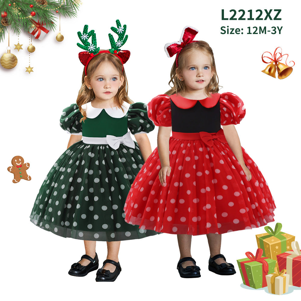Green Girls Polka Dot Printed Peter Pan Collar Puff Sleeves Balloon Mini Dress