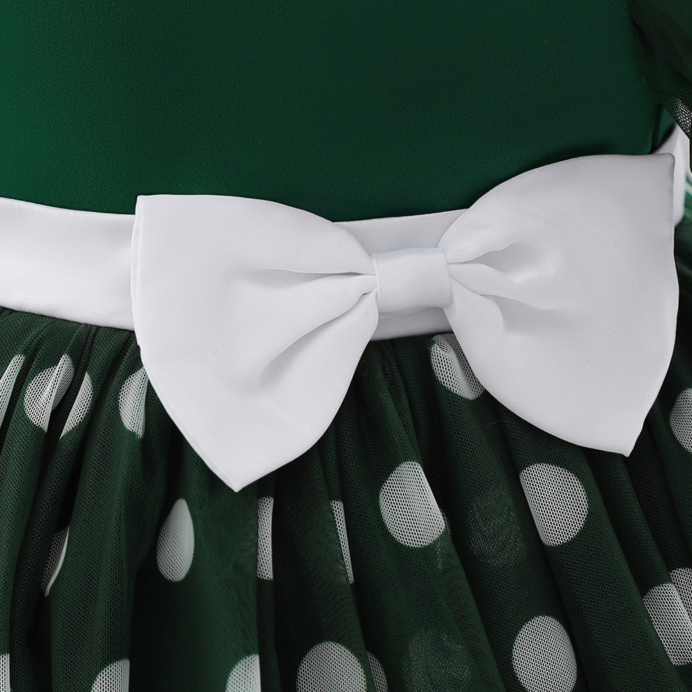 Green Girls Polka Dot Printed Peter Pan Collar Puff Sleeves Balloon Mini Dress