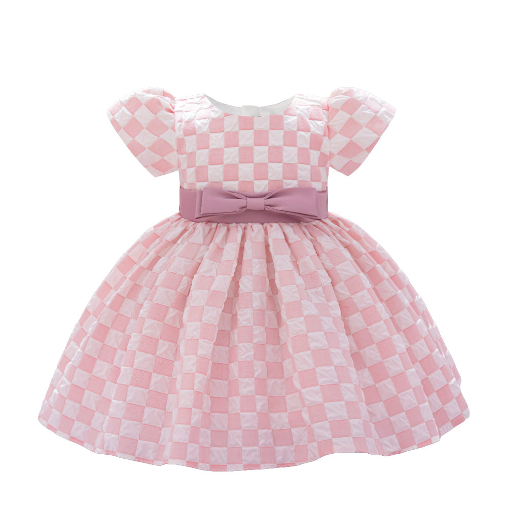Checked Puff Sleeve Balloon Dress