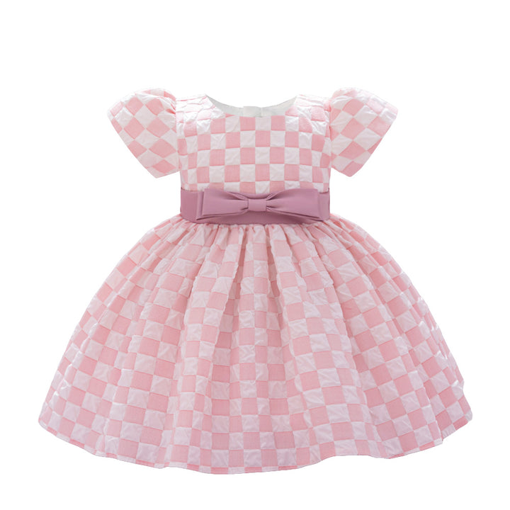 Checked Puff Sleeve Balloon Dress