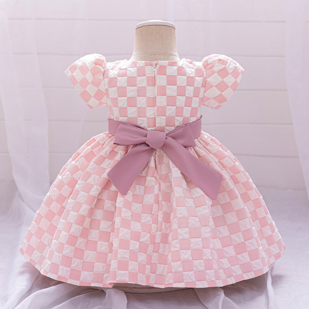 Checked Puff Sleeve Balloon Dress